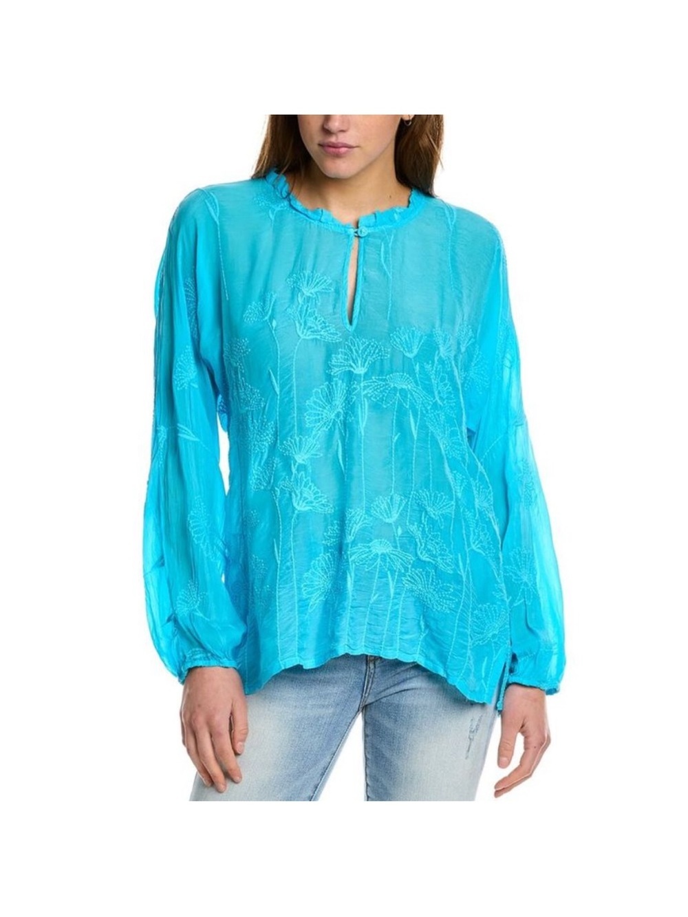 Johnny Was Womens Daisy Arianda Blouse Teal Blue Size XS